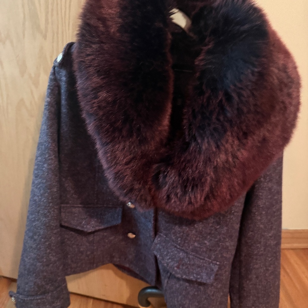 White House black market pea coat with purple faux fur metal buttons